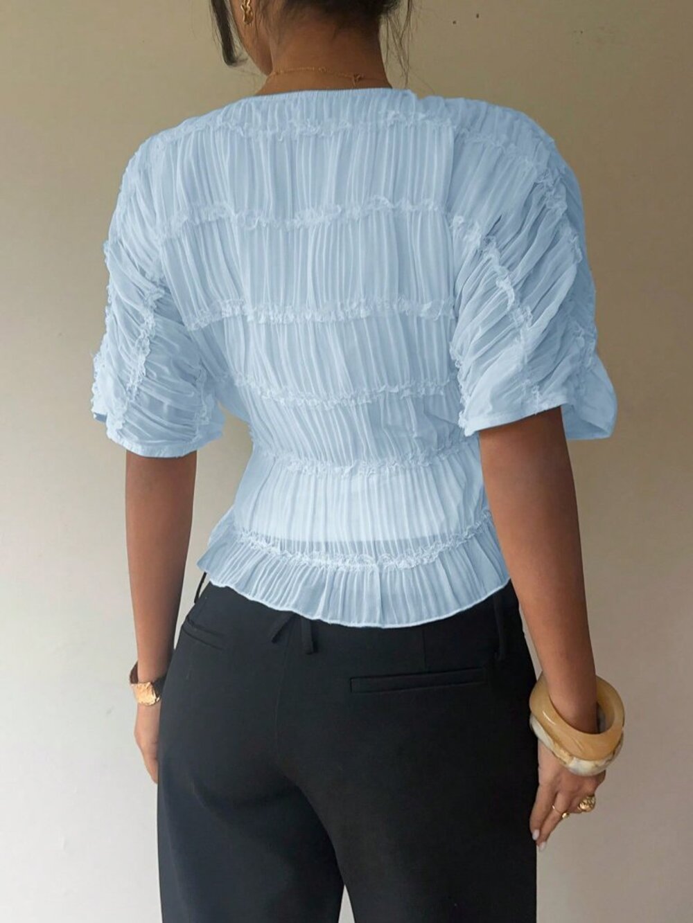 Baby Blue Casual Women's Elegant Baby Multi-Layer Lace Ruffle Crew Neck Blouse - Picture 2 of 7